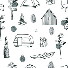 Wildland Trekking. Hand-drawn  stuff for camping.  Vector  seamless pattern.  