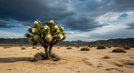 Lone Joshua Tree in Bloom Under Dramatic Desert Sky