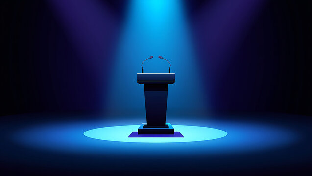 A podium with microphones on stage illuminated by a blue spotlight - Powered by Adobe