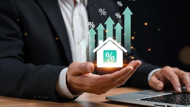 An individual analyzes property market trends while showcasing rising statistics on a laptop, highlighting potential investment opportunities in real estate