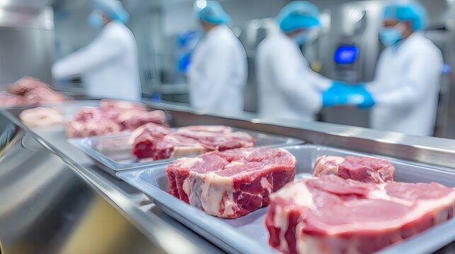 Workers in sterile garb monitor trays of raw meat on a processing line. Food safety and quality control are very important for consumer health. - Powered by Adobe