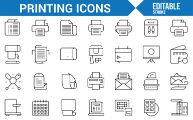 Vector Icons Representing Printers, Document Handling, and Office Tools
