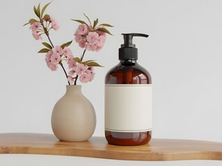 Amber Bottle Pump Dispenser Pink Flowers Beige Vase Wooden Shelf