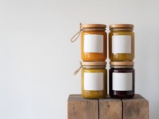 Four Glass Jars Homemade Jam Wooden Box White Labels