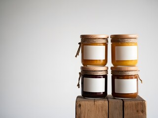 Four Glass Jars of Jam with Blank Labels on Wooden Block