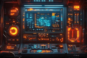 Futuristic cockpit interior with glowing blue and orange displays and complex technological interfaces