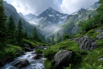 Majestic mountain landscape with a flowing stream and lush greenery at midday