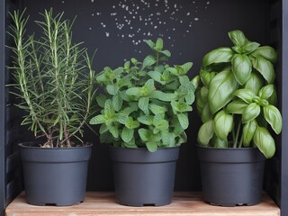 Three potted herbs rosemary mint basil dark pots wooden shelf