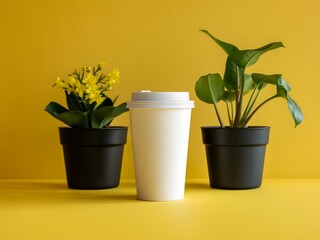 White Coffee Cup Yellow Background Black Pots Yellow Flowers Green Plant