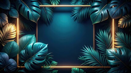 Golden frame glowing over tropical monstera and palm leaves creating vibrant and luxurious backdrop.