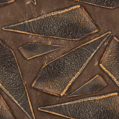 Seamless 4k photo texture material of worn brown leather with burned inserted pieces.