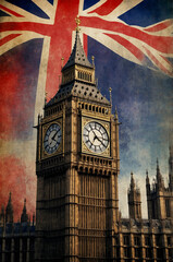 Famous Clock Tower in London Framed by Waving UK Flag
