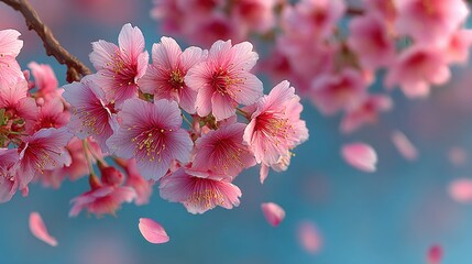 Blossoming cherry tree with delicate pink flowers against a soft blue background