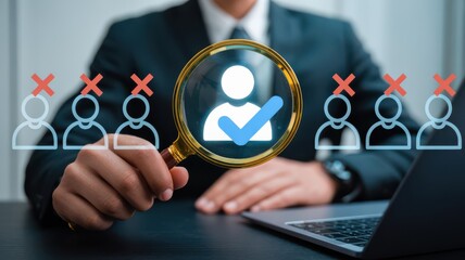 Businessman using magnifying glass to select candidate in recruitment process, representing candidate selection, recruitment accuracy, business hiring, talent acquisition, evaluation.