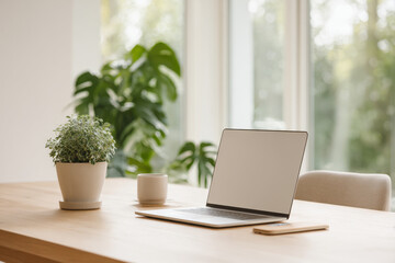 Fototapeta premium modern scandinavian home office featuring sleek laptop and elegant furniture