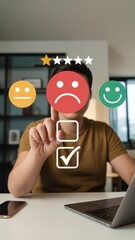 User selecting negative rating with sad face in digital evaluation interface. Customer feedback, dissatisfaction, review system, rating evaluation, digital experience.