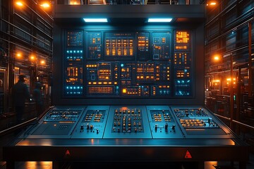 Futuristic control panel displaying complex data inside a technological industrial environment