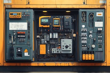 Industrial control panel interior featuring wiring gauges and electrical components displayed clearly