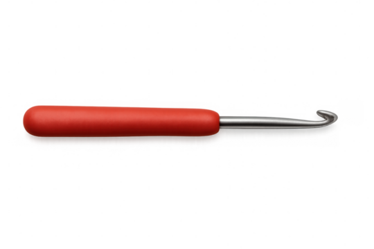 Close-up red crochet hook with metal tip lying horizontally, showcasing crafting tool against transparent background