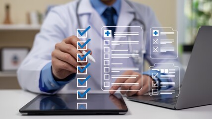 A doctor interacting with a tablet, marking items on a digital medical checklist interface. Health care management, electronic records, and technological integration in clinical practice.