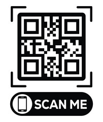 Centered black and white QR code grid on pure white background. Minimalist overhead view. Below, a centered 
