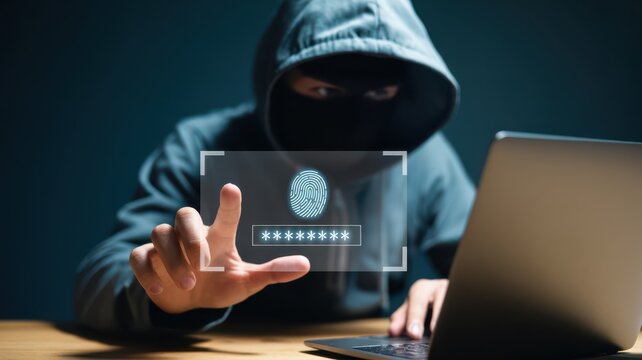 Cybercriminal using fingerprint access to hack digital identity. cybersecurity breaches, digital fraud, and identity theft concept.