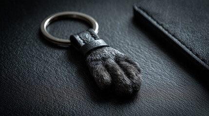 A key with a hand on it is on a table