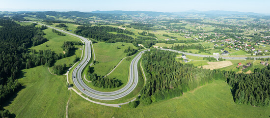 Winding switchback road in Poland. Aerial panorama
