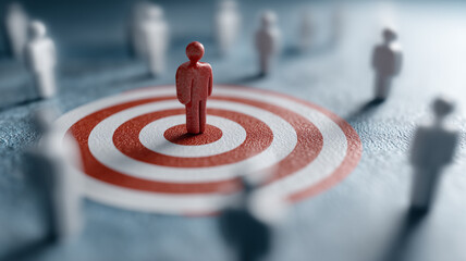 Red human figure standing at the center of target with other figures around