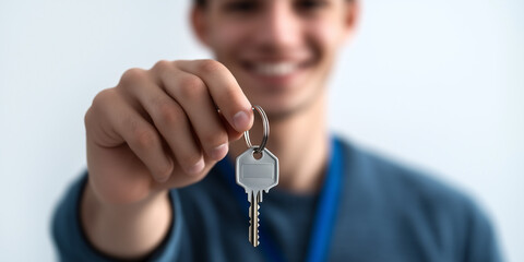 Real estate agent holding keys and smiling at client