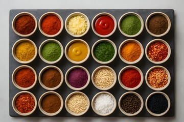 Colorful Spice Collection: An Array of Culinary Flavors and Textures in Small Bowls on Dark Background - Perfect for Cooking and Food-Related Designs