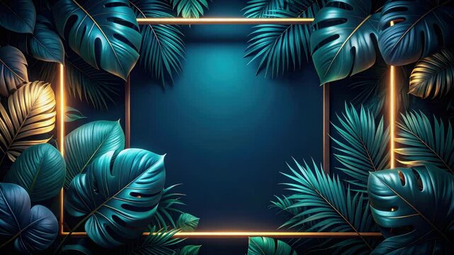 Tropical monstera and palm leaves framing golden neon template on turquoise background.