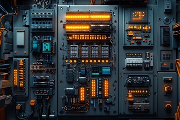 Detailed and illuminated electrical panel displaying complex circuitry and electronic components