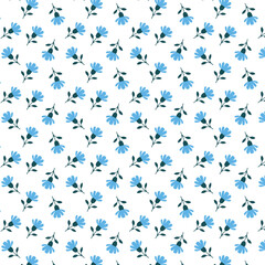 Cute floral seamless pattern. Repeated small blue flowers and  leaves on white background. © Ripi Art