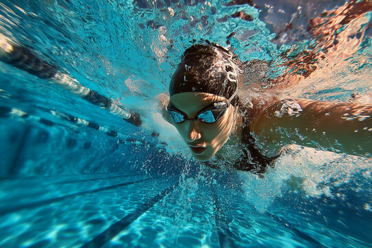 Professional swimmer training in a pool performing butterfly stroke underwater
