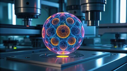 Digital rendering of a glowing, spherical structure surrounded by machinery, showcasing advanced technology and scientific innovation.