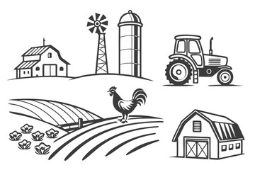 Obraz premium Classic Farm Illustration Set with Tractor and Barn