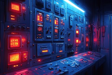 Futuristic control panel with red display lights in a dark blue illuminated room