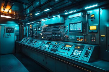 Futuristic control room interior showing complex machinery and data displays with neon blue lighting