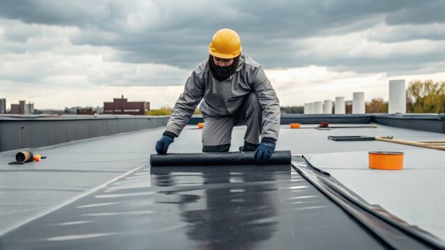 A worker applies roofing material on a flat roof, wearing protective gear and a helmet, with a cloudy sky in the background.