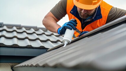 Worker applying sealant on a roof with safety gear, focusing on maintenance and construction.