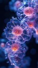 Obraz premium Microscopic View of Cellular Structures with Glowing Nuclei