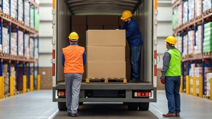 Workers unloading boxes from a delivery truck in a warehouse, wearing safety gear and focused on their task.