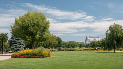 Naklejka premium serene summer landscape in montreals urban parks showcasing lush green trees and colorful flowers