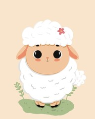 A cute cartoon sheep with fluffy white wool, standing on grass, and a pink flower on its head. Suitable for children’s books or kids' design.