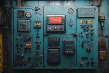 Detailed industrial control panel with gauges switches and displays in a vintage style