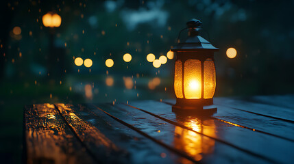 Candle lantern on soaked table amid calm rainy moment high resolution picture