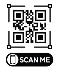 Centered black and white QR code grid on pure white background. Minimalist overhead view. Below, a centered 