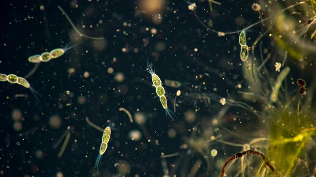 3D animation: Green Euglena-like microbes interact with plant matter in dark, particle-rich water. Microscopic aquatic ecosystem visualization. Science, biology footage.