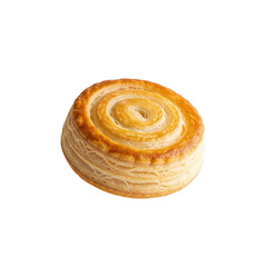 A golden puff pastry wheel floating in mid air on a solid white background
